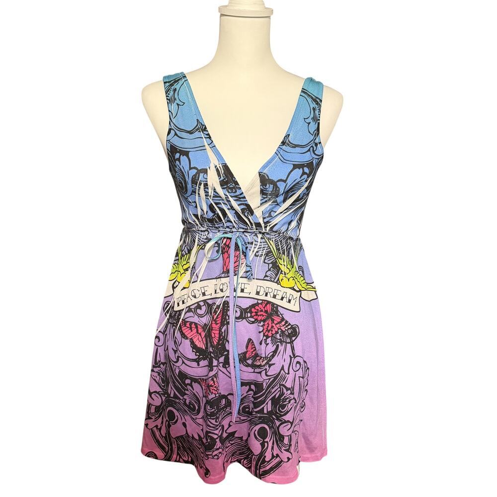 American Crown Y2K Style Purple‎ Peace Love Dream Butterfly Mini Dress Sz Small